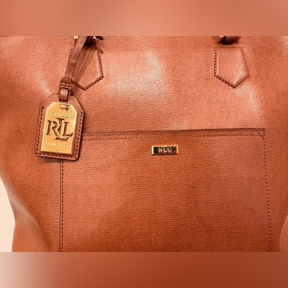 Lauren Ralph Lauren Whitney Pocket‎ Leather Tote Brown Gold Charm - Picture 2 of 11